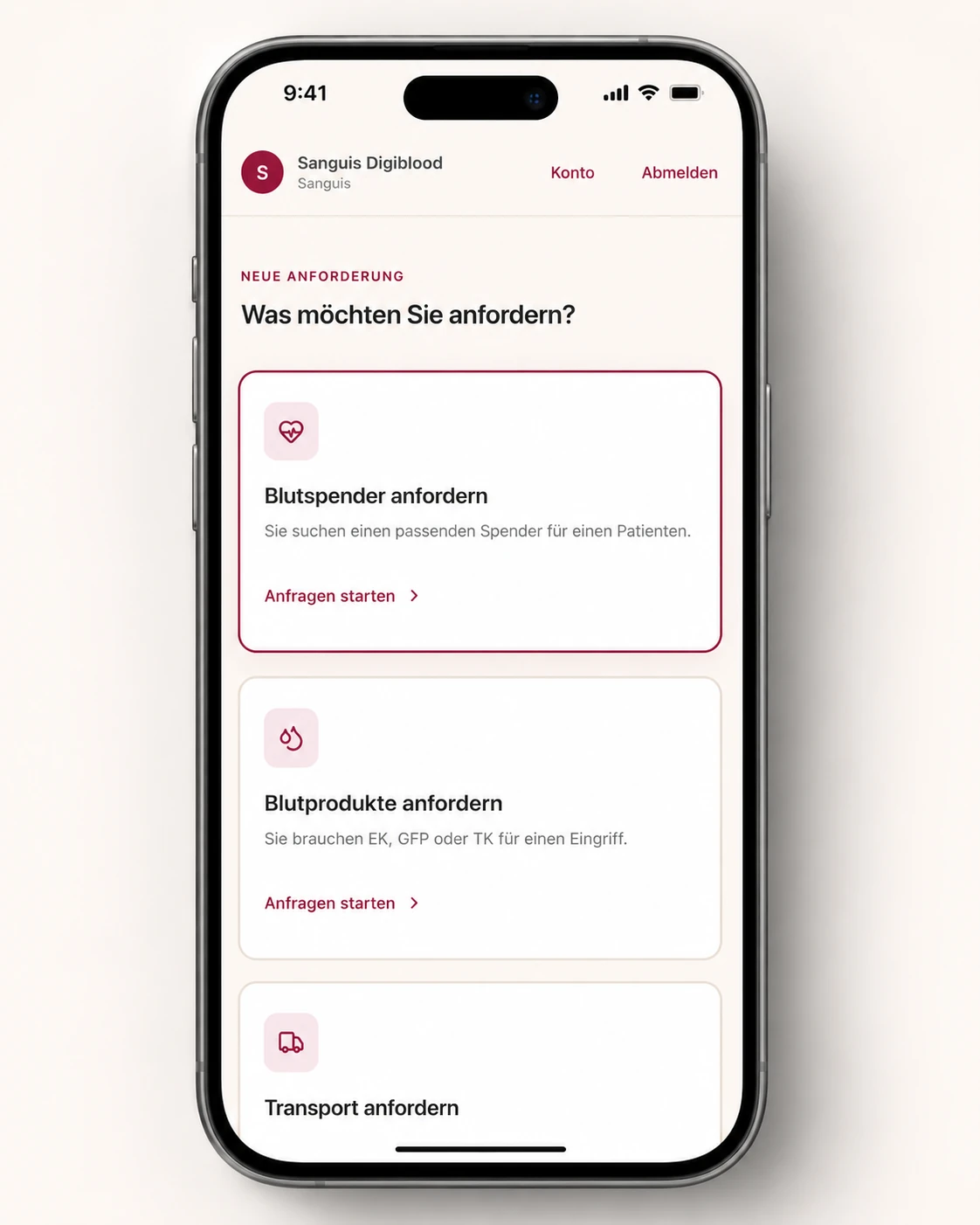 Klinik-Portal von Sanguis: Blutspender, Blutprodukte oder Transport anfordern